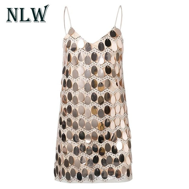 Deep V Sequin Spaghetti Sexy Short Dress Women