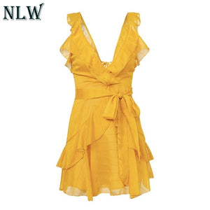 Deep V Neck Yellow Sexy Dress