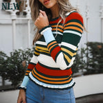 Slim Ruffles Short  Jumper Striped Casual Rainbow Sweater Women