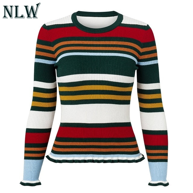 Slim Ruffles Short  Jumper Striped Casual Rainbow Sweater Women