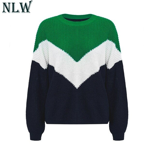 Casual Striped Patchwork Kint Sweater Winter Clothes Women