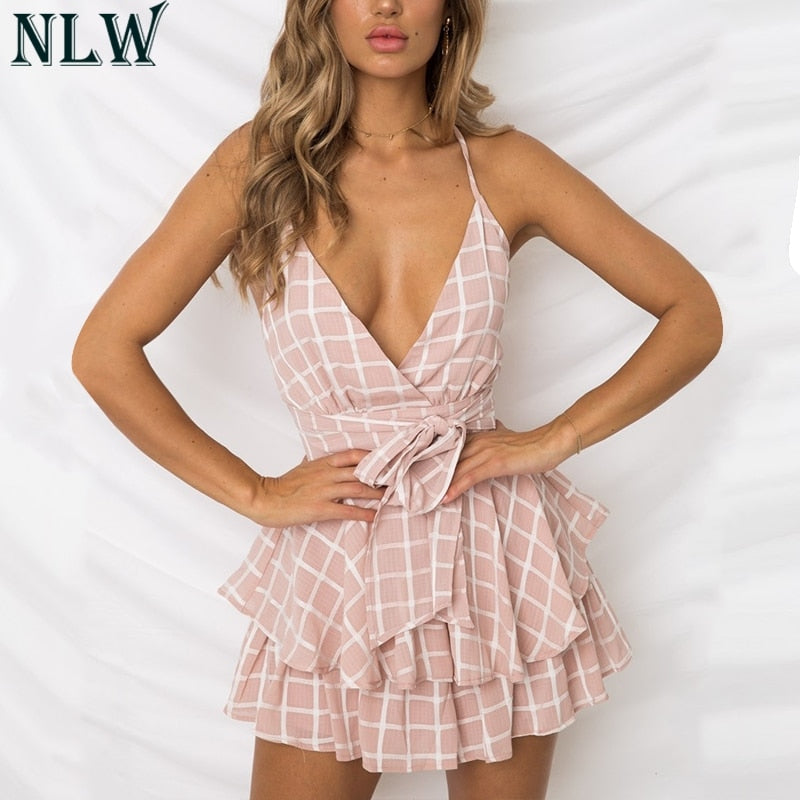 White Ruffle Plaid Jumpsuits Rompers women