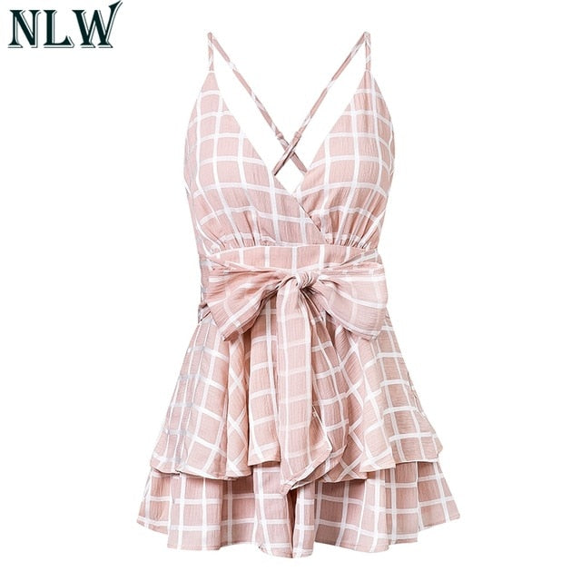 White Ruffle Plaid Jumpsuits Rompers women