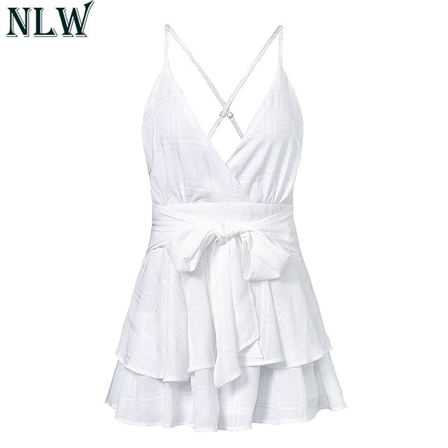 White Ruffle Plaid Jumpsuits Rompers women