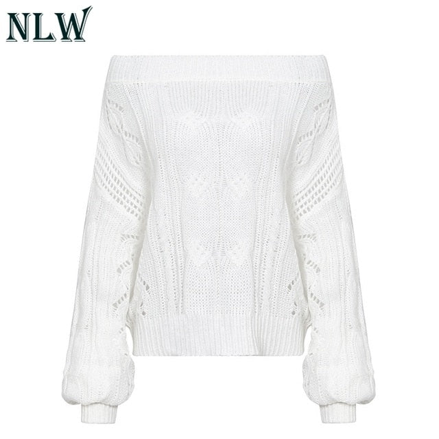 Lantern Sleeve Hollow Out Off Shoulder Sweater Women