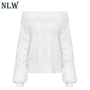 Lantern Sleeve Hollow Out Off Shoulder Sweater Women