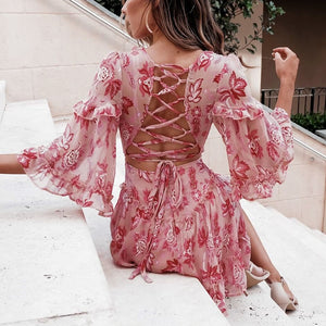 Pink Boho Print Dress Lace Up Short Dress Women