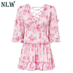 Pink Boho Print Dress Lace Up Short Dress Women