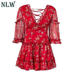 Pink Boho Print Dress Lace Up Short Dress Women