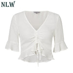 Chiffon Lace Up Crop White Blouse