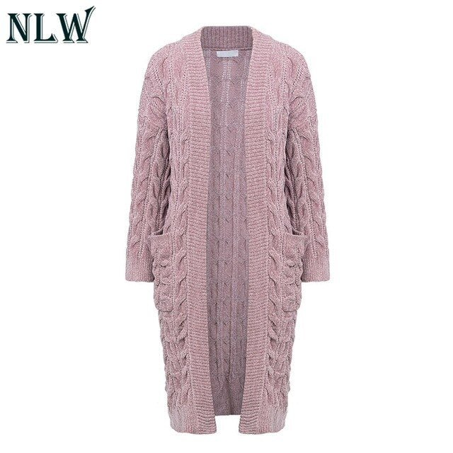 Chenille Wool Long Pink Cardigans Women