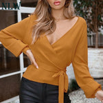 Yellow Sexy V Neck Wrap Sweater Long Sleeve Lace up Women