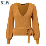 Yellow Sexy V Neck Wrap Sweater Long Sleeve Lace up Women