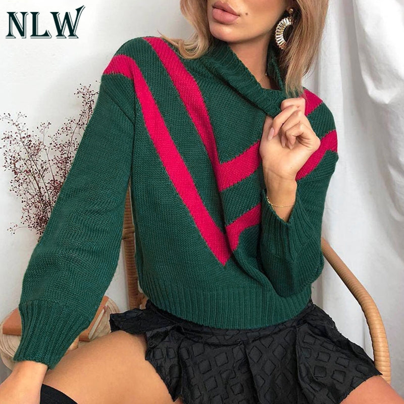 Winter Cozy Patchwork Computer Knitted Sweater Women