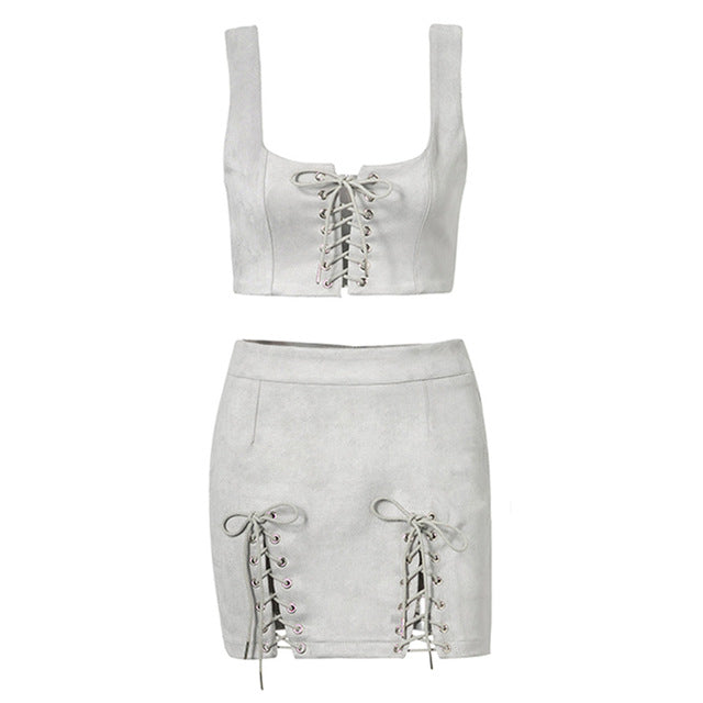 Lace Up Tank Crop Top And Mini Skirt