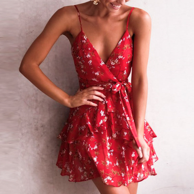 Elegant Red Print Short Dress Women