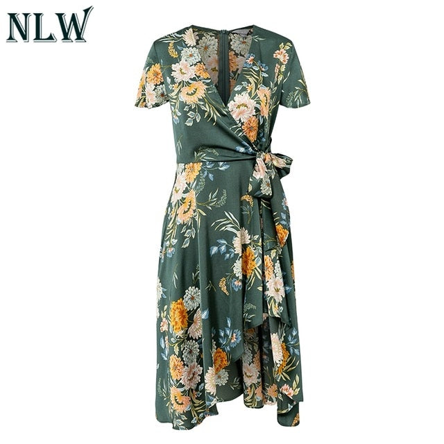 Women Elegant Green Print Floral Dress