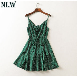 Vintage Green Polka Dot Stain Dress Women