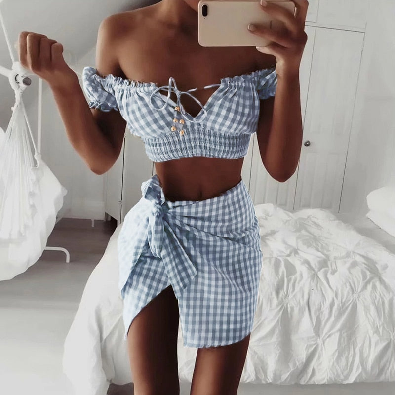 Women Stylish Blue Plaid Crop Tops and Skirt