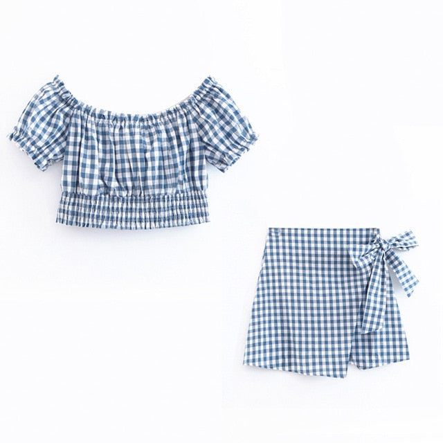 Women Stylish Blue Plaid Crop Tops and Skirt