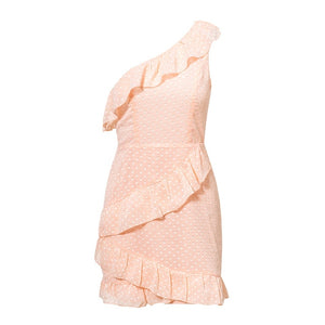 Sexy One Shoulder Pink Polka Dot Short Dress Women