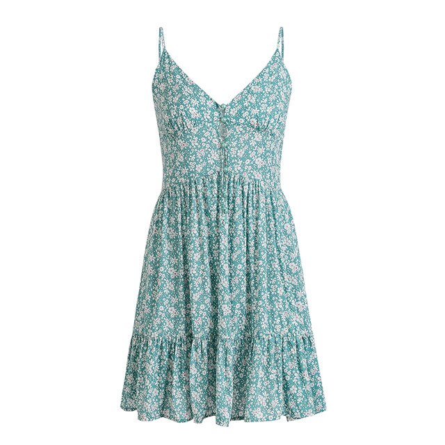 Button Floral Print Spaghetti Strap Summer  Women Dress