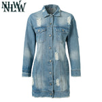 NLW Ripped Denim Basic Jacket Flower Embroidery Women Coat 2019 Spring Summer Jeans Jacket Long Coat Outerwear Chic Windbreaker