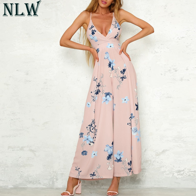 Pink Floral Summer Jumpsuits Elegant Women