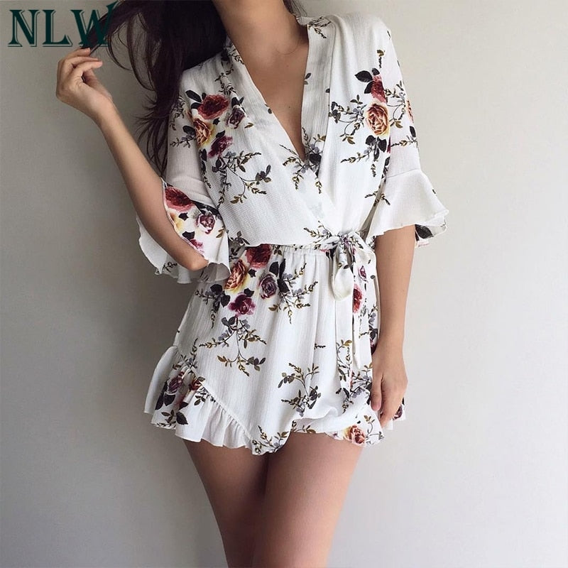 White Print Romper Jumpsuit Women