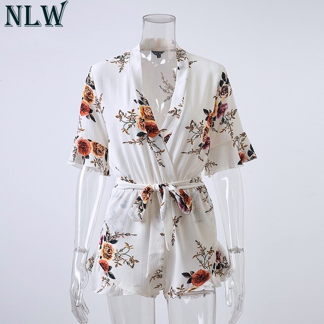 White Print Romper Jumpsuit Women