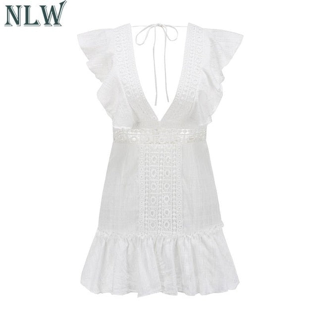 Women Elegant White Embroidery Short Dress