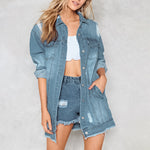 NLW Ripped Denim Basic Jacket Flower Embroidery Women Coat 2019 Spring Summer Jeans Jacket Long Coat Outerwear Chic Windbreaker