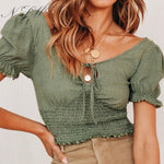 Women  Summer Casual V Neck Smocking Short