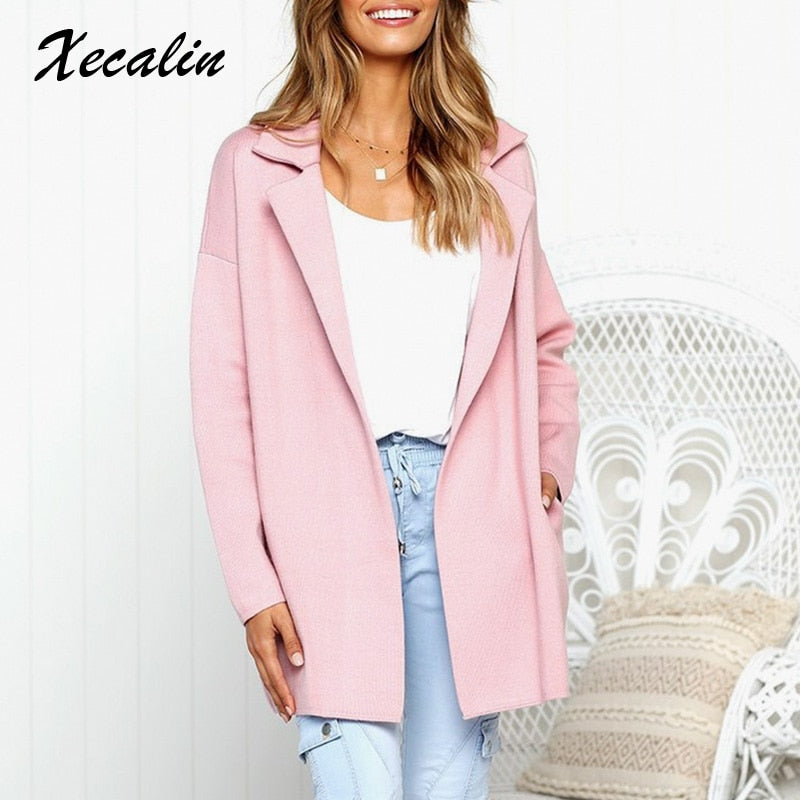 Solid Pink Casual Open Stitch Coats Women